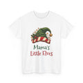 White Mama's Little Elves t-shirt with a green elf hat and holly, front view