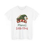 White Mama's Little Elves t-shirt with a green elf hat and holly, front view