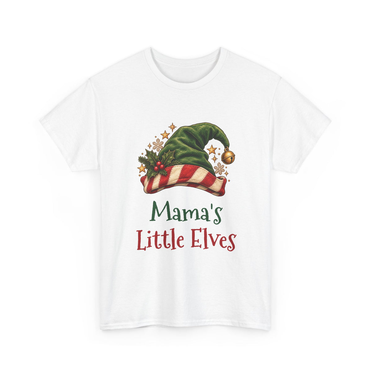 White Mama's Little Elves t-shirt with a green elf hat and holly, front view