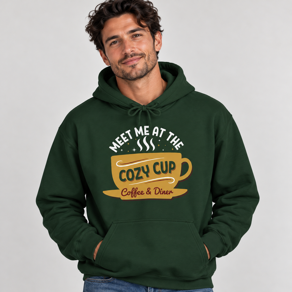 Man wearing the Forest Green Meet Me At The Cozy Cup Hoodie with jeans