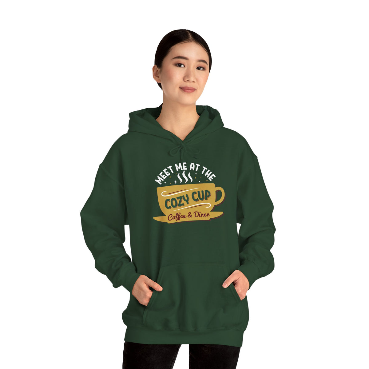 Model wearing the forest green Meet Me At The Cozy Cup Hoodie
