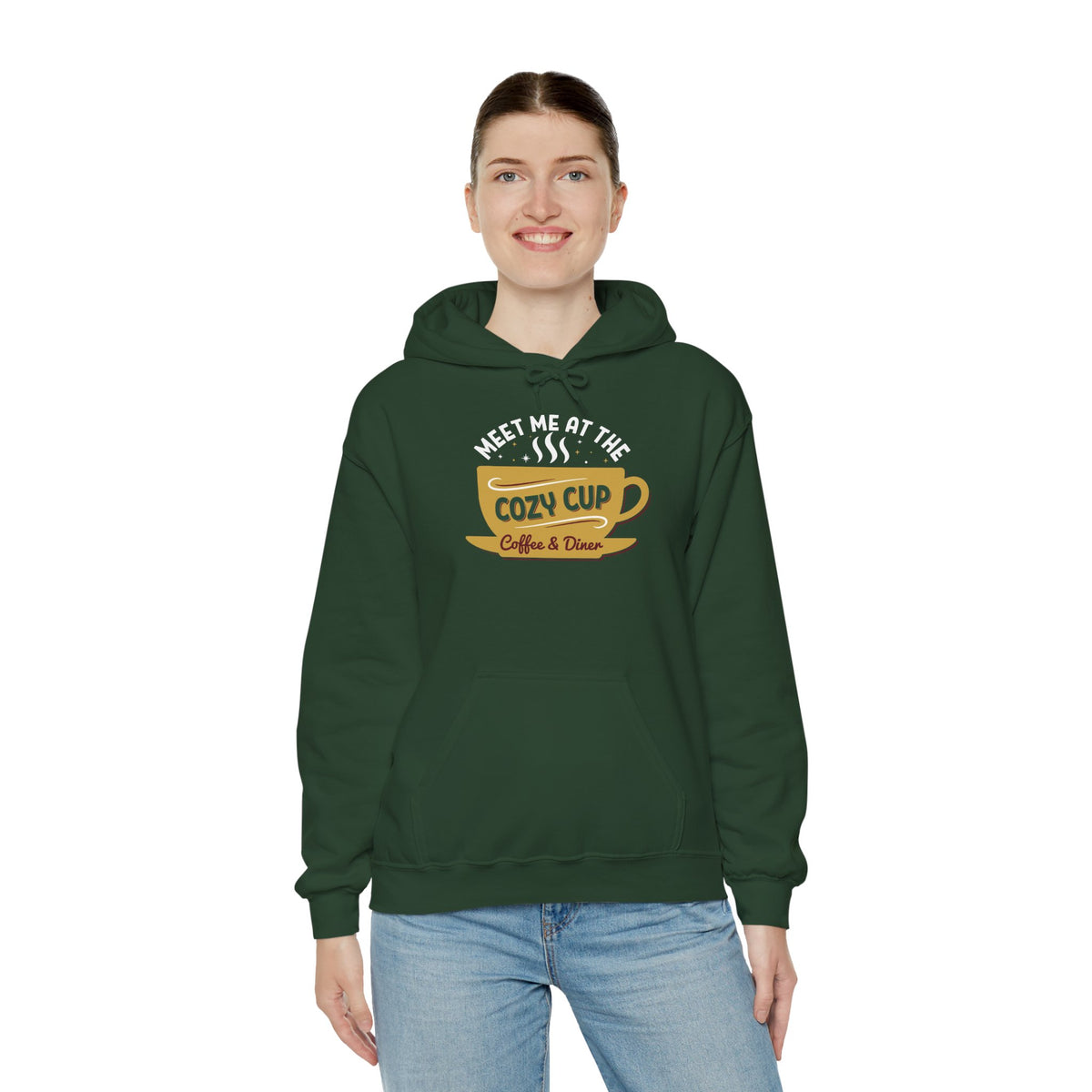Model wearing the forest green Meet Me At The Cozy Cup Hoodie