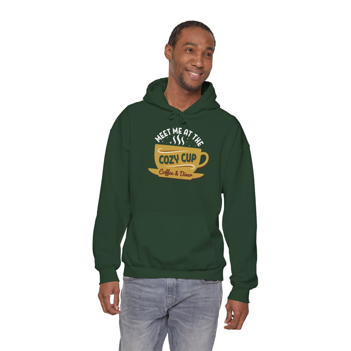 Model wearing the forest green Meet Me At The Cozy Cup Hoodie