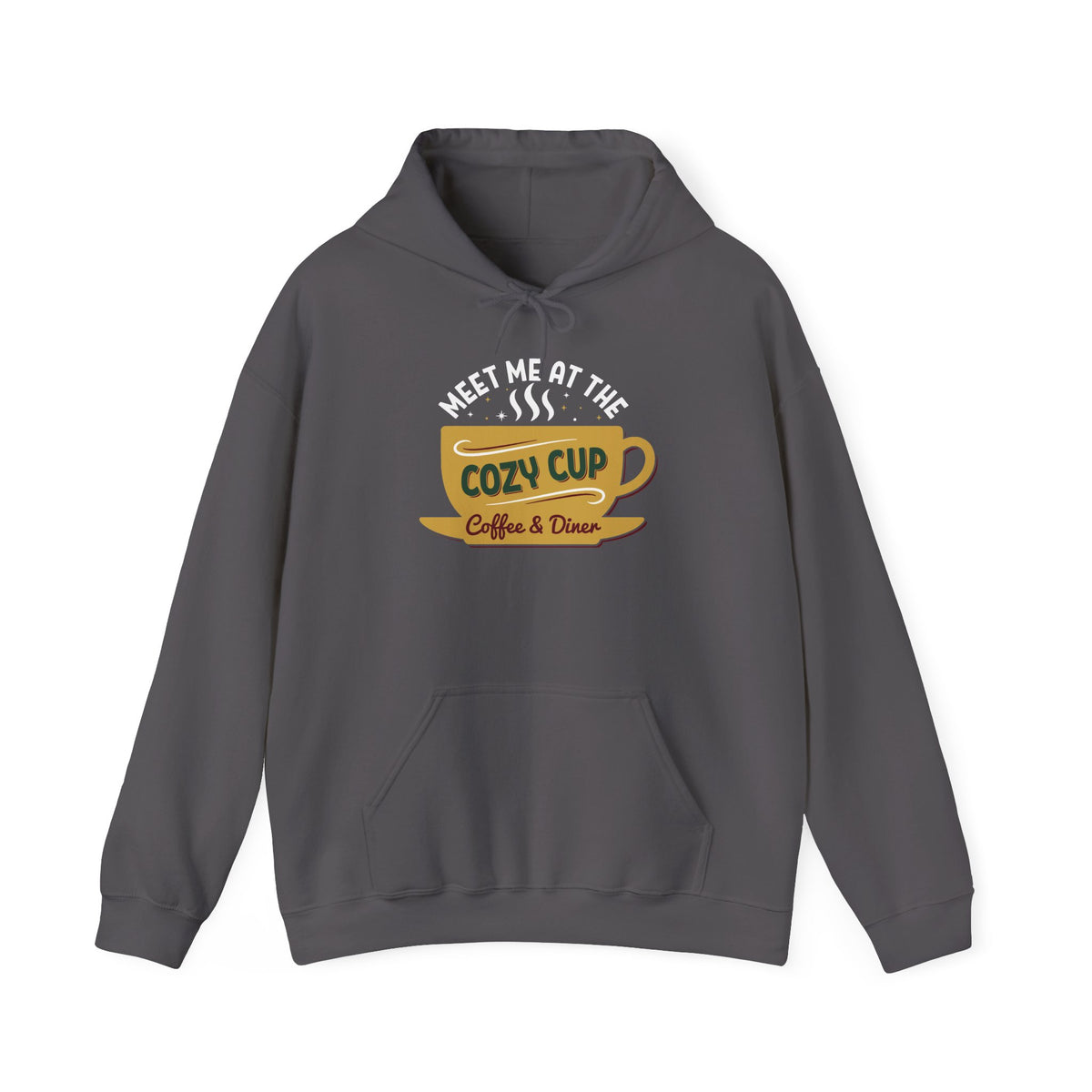 Charcoal Meet Me At The Cozy Cup hoodie with a steaming golden coffee cup and retro diner lettering, front view