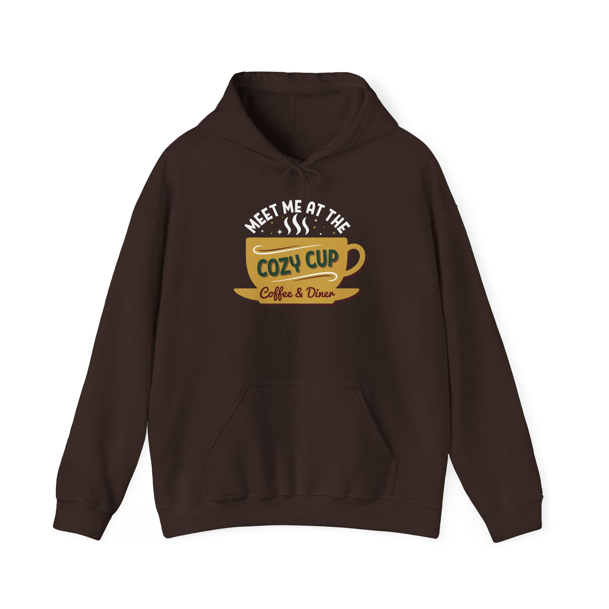 Dark Chocolate Meet Me At The Cozy Cup hoodie with a steaming golden coffee cup and retro diner lettering, front view