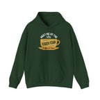 Forest Green Meet Me At The Cozy Cup hoodie with a steaming golden coffee cup and retro diner lettering, front view