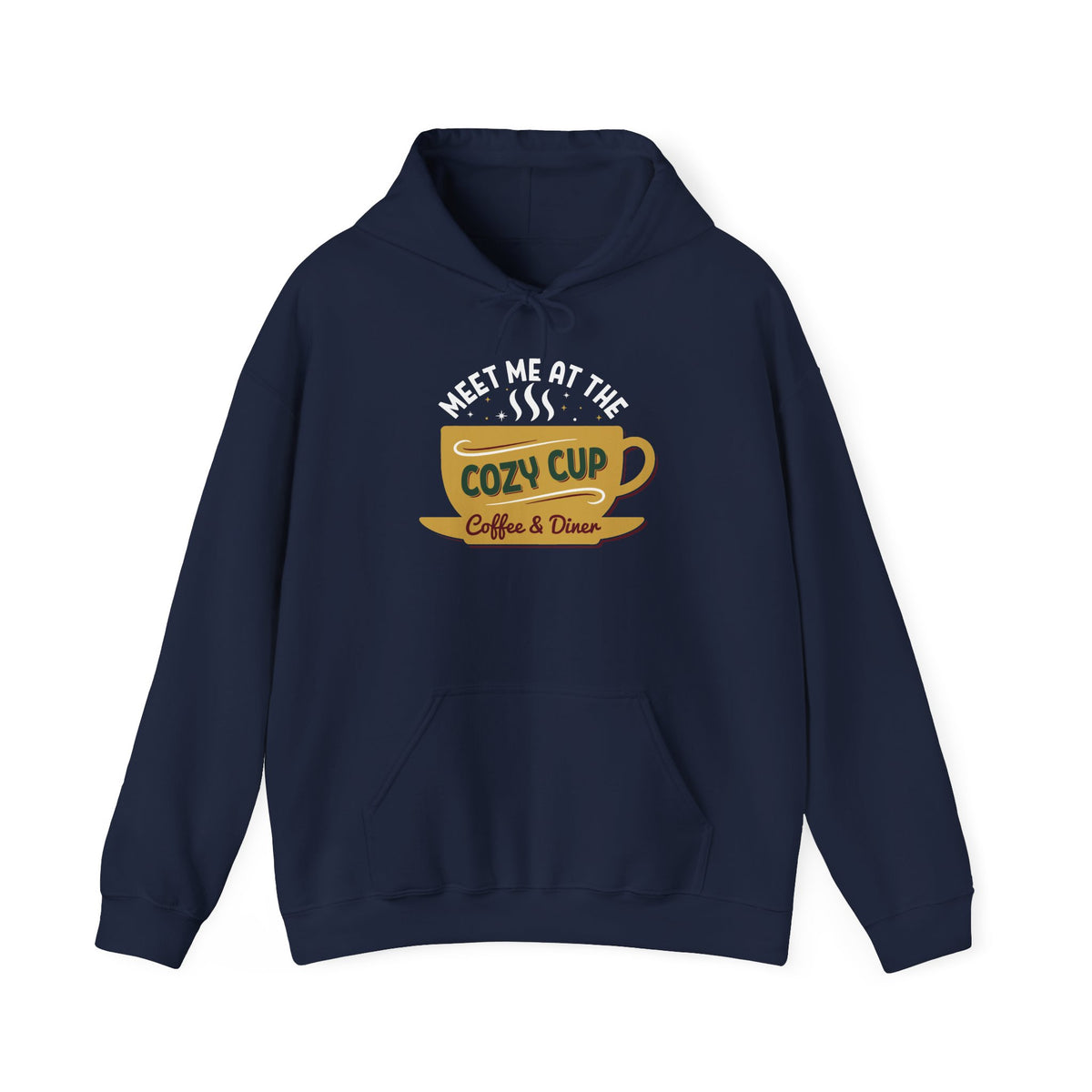 Navy Meet Me At The Cozy Cup hoodie with a steaming golden coffee cup and retro diner lettering, front view
