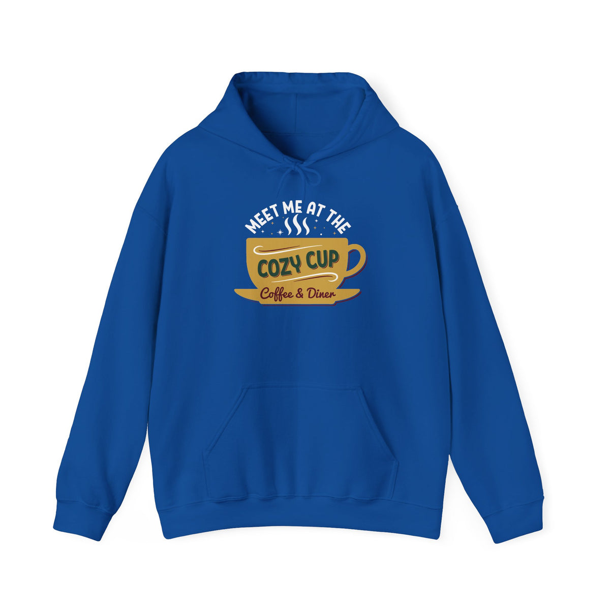 Royal Meet Me At The Cozy Cup hoodie with a steaming golden coffee cup and retro diner lettering, front view