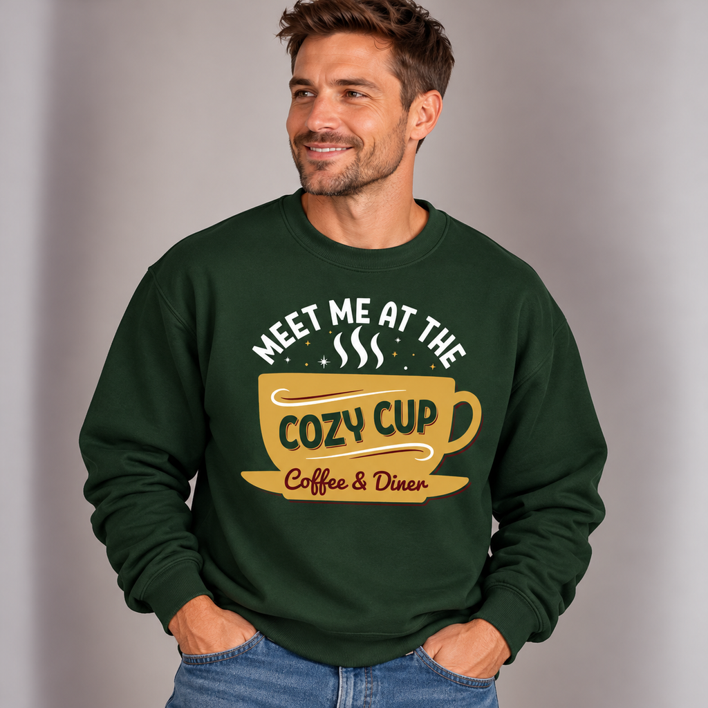Man wearing the Forest Green Meet Me At The Cozy Cup Sweatshirt with jeans