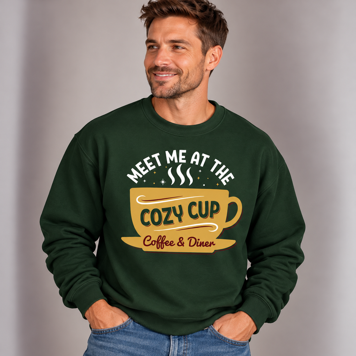 Man wearing the Forest Green Meet Me At The Cozy Cup Sweatshirt with jeans