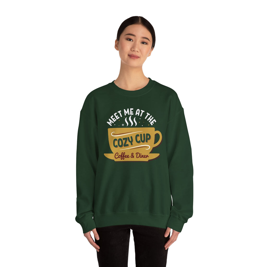 Model wearing the forest green Meet Me At The Cozy Cup Sweatshirt