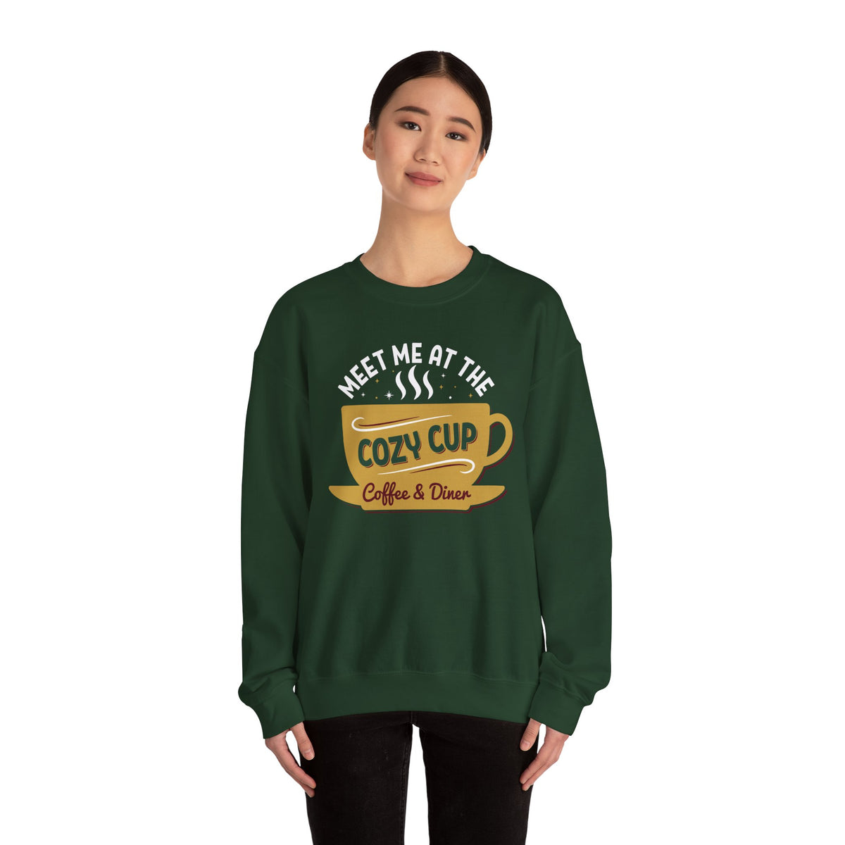 Model wearing the forest green Meet Me At The Cozy Cup Sweatshirt