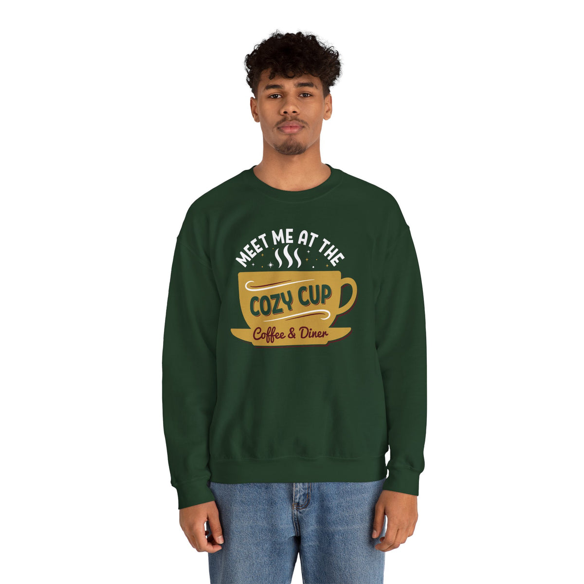 Model wearing the forest green Meet Me At The Cozy Cup Sweatshirt