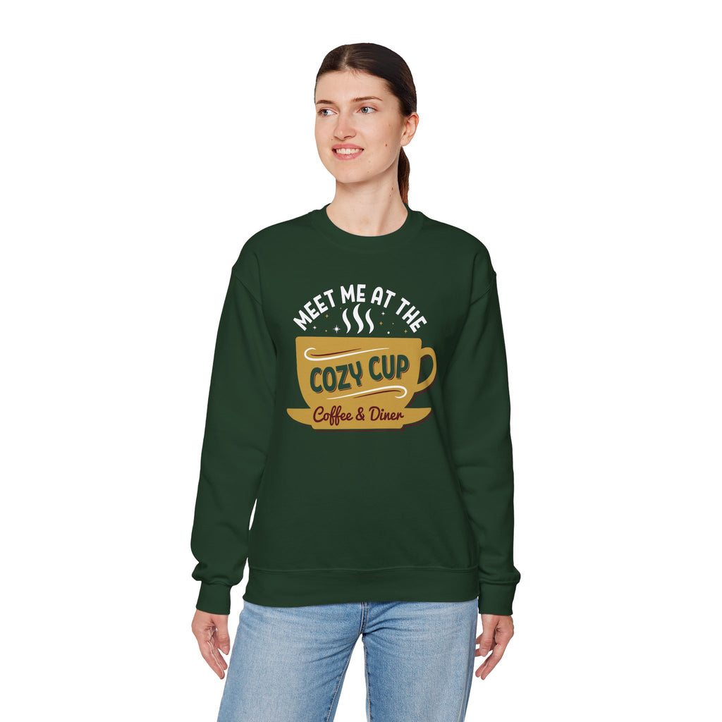 Model wearing the forest green Meet Me At The Cozy Cup Sweatshirt