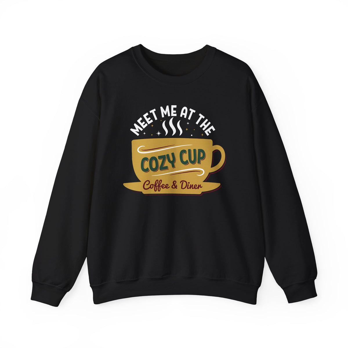 Black Meet Me At The Cozy Cup sweatshirt with a steaming golden coffee cup and retro diner lettering, front view