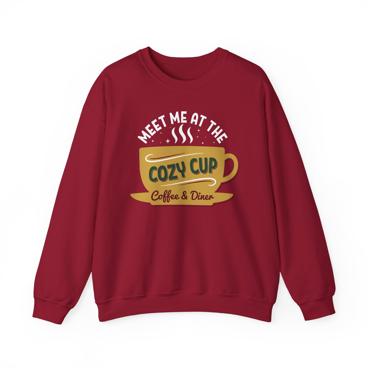 Cardinal Red Meet Me At The Cozy Cup sweatshirt with a steaming golden coffee cup and retro diner lettering, front view