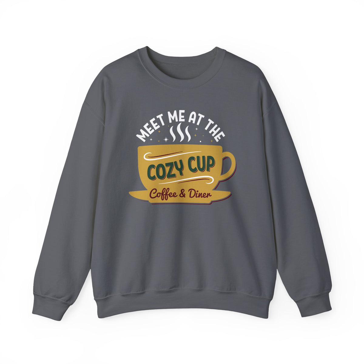 Charcoal Meet Me At The Cozy Cup sweatshirt with a steaming golden coffee cup and retro diner lettering, front view