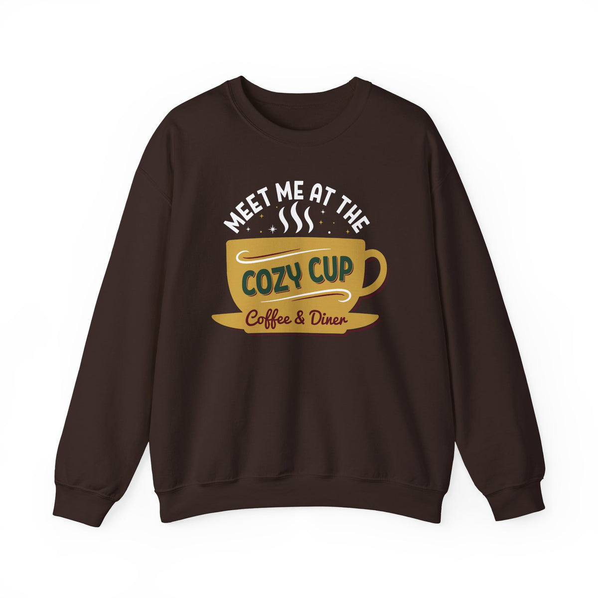 Dark Chocolate Meet Me At The Cozy Cup sweatshirt with a steaming golden coffee cup and retro diner lettering, front view