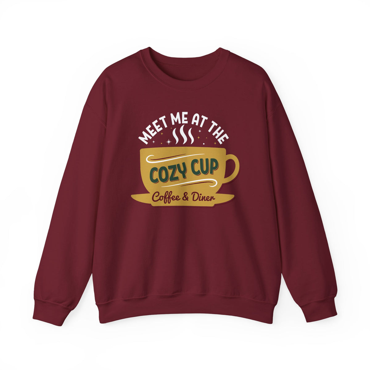 Garnet Meet Me At The Cozy Cup sweatshirt with a steaming golden coffee cup and retro diner lettering, front view