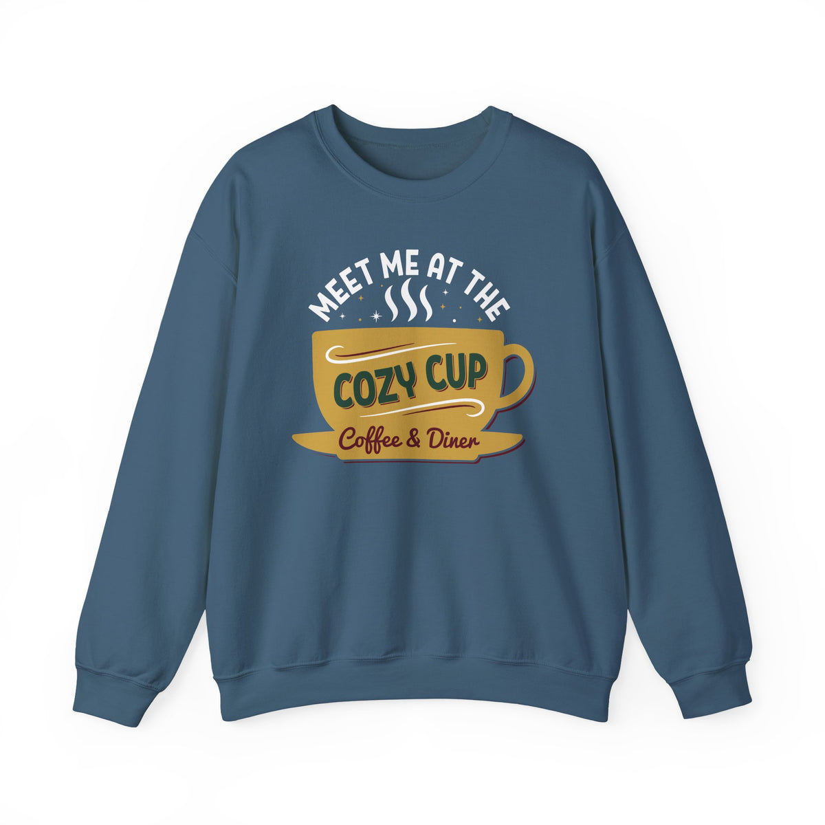 Indigo Blue Meet Me At The Cozy Cup sweatshirt with a steaming golden coffee cup and retro diner lettering, front view