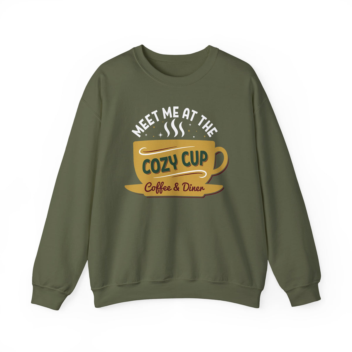 Military Green Meet Me At The Cozy Cup sweatshirt with a steaming golden coffee cup and retro diner lettering, front view