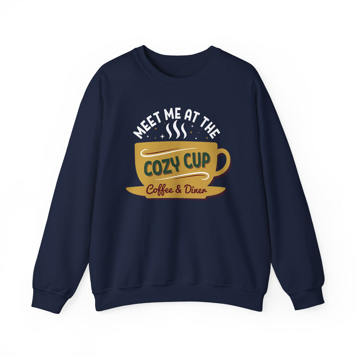 Navy Meet Me At The Cozy Cup sweatshirt with a steaming golden coffee cup and retro diner lettering, front view