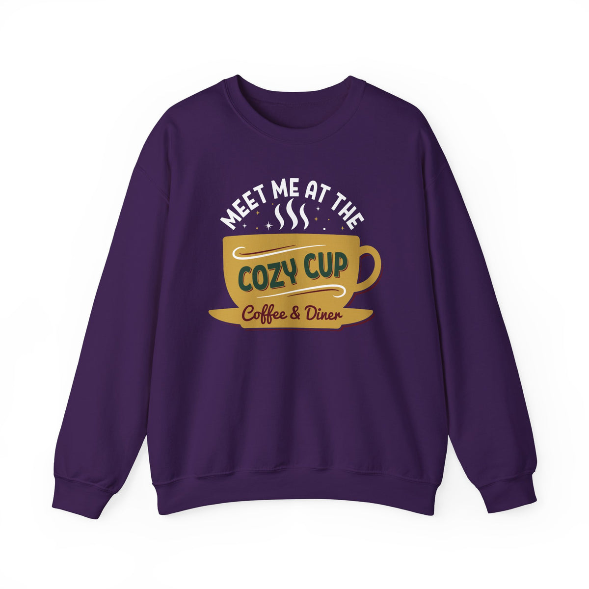 Purple Meet Me At The Cozy Cup sweatshirt with a steaming golden coffee cup and retro diner lettering, front view