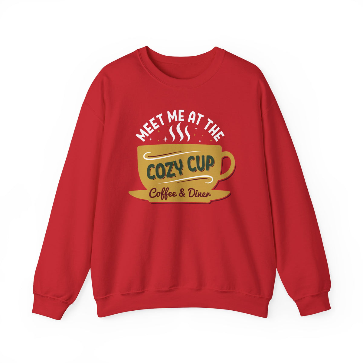 Red Meet Me At The Cozy Cup sweatshirt with a steaming golden coffee cup and retro diner lettering, front view