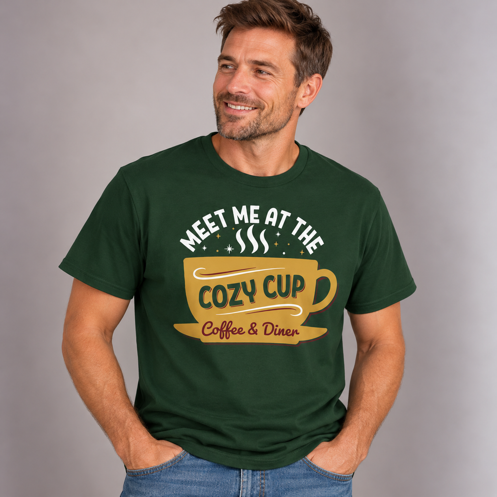 Man wearing the Forest Green Meet Me At The Cozy Cup T-Shirt with jeans