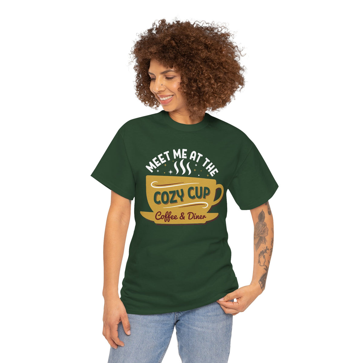 Model wearing the forest green Meet Me At The Cozy Cup T-Shirt
