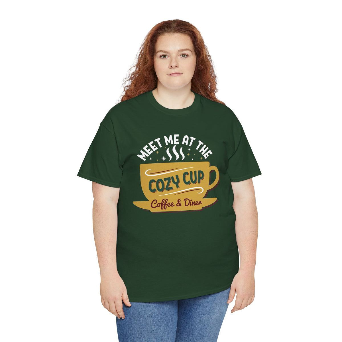 Model wearing the forest green Meet Me At The Cozy Cup T-Shirt