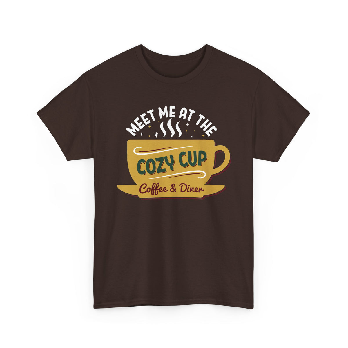Dark Chocolate Meet Me At The Cozy Cup t-shirt with a steaming golden coffee cup and retro diner lettering, front view