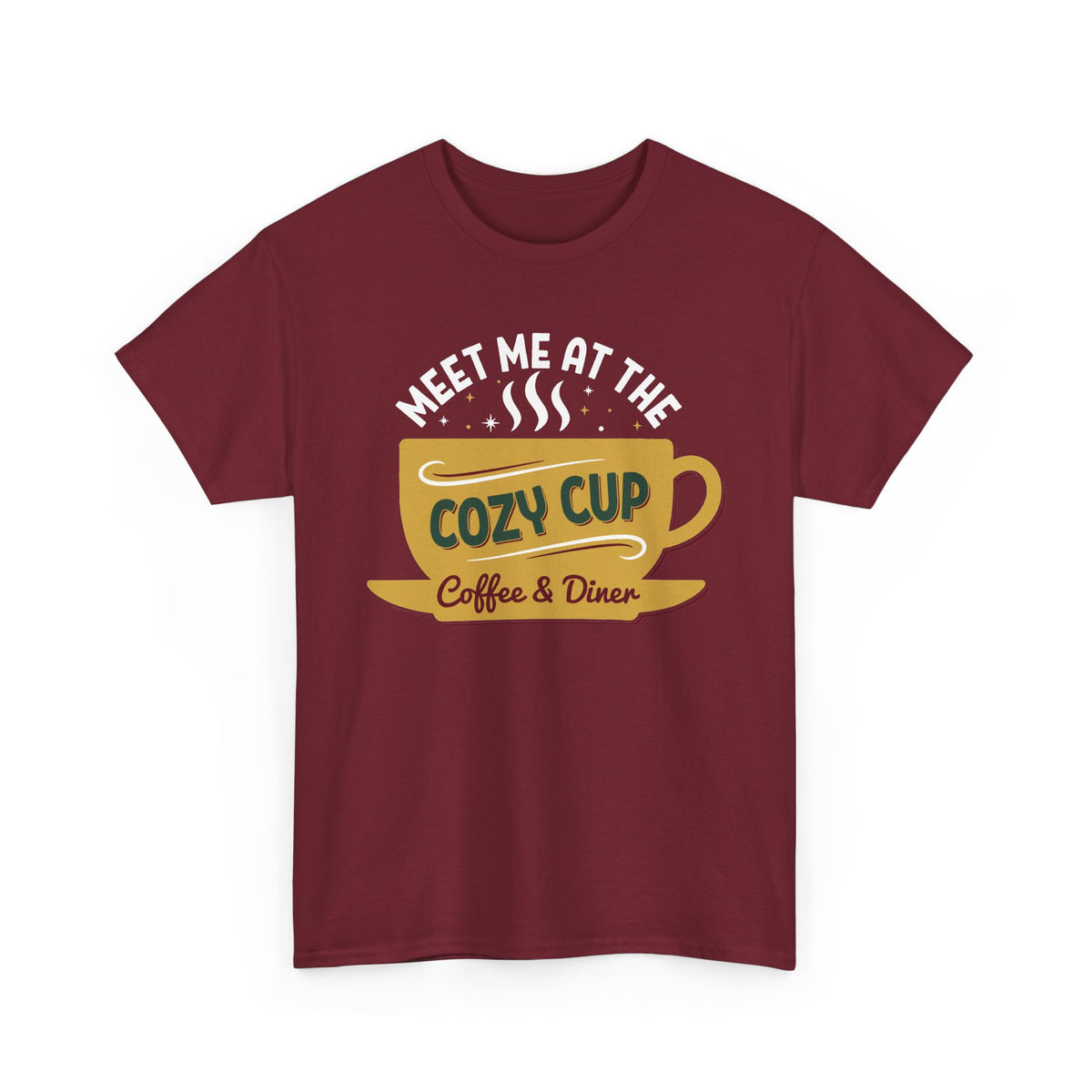 Garnet Meet Me At The Cozy Cup t-shirt with a steaming golden coffee cup and retro diner lettering, front view