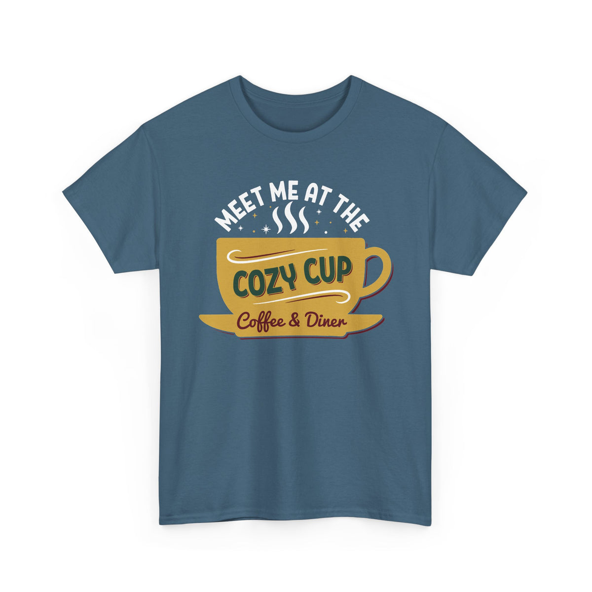 Indigo Blue Meet Me At The Cozy Cup t-shirt with a steaming golden coffee cup and retro diner lettering, front view