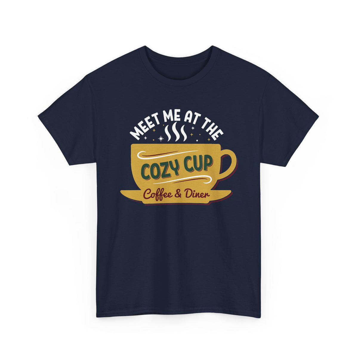 Navy Meet Me At The Cozy Cup t-shirt with a steaming golden coffee cup and retro diner lettering, front view