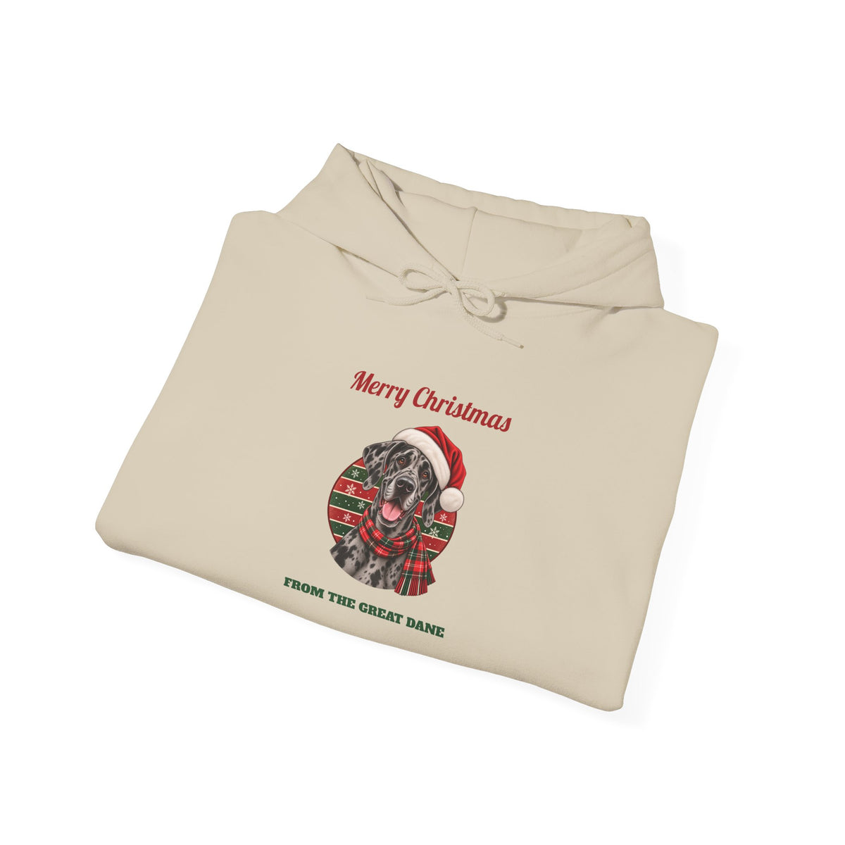 Merle Great Dane Christmas Hoodie in Sand, folded