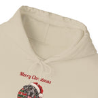 Merle Great Dane Christmas Hoodie in Sand, front collar close-up