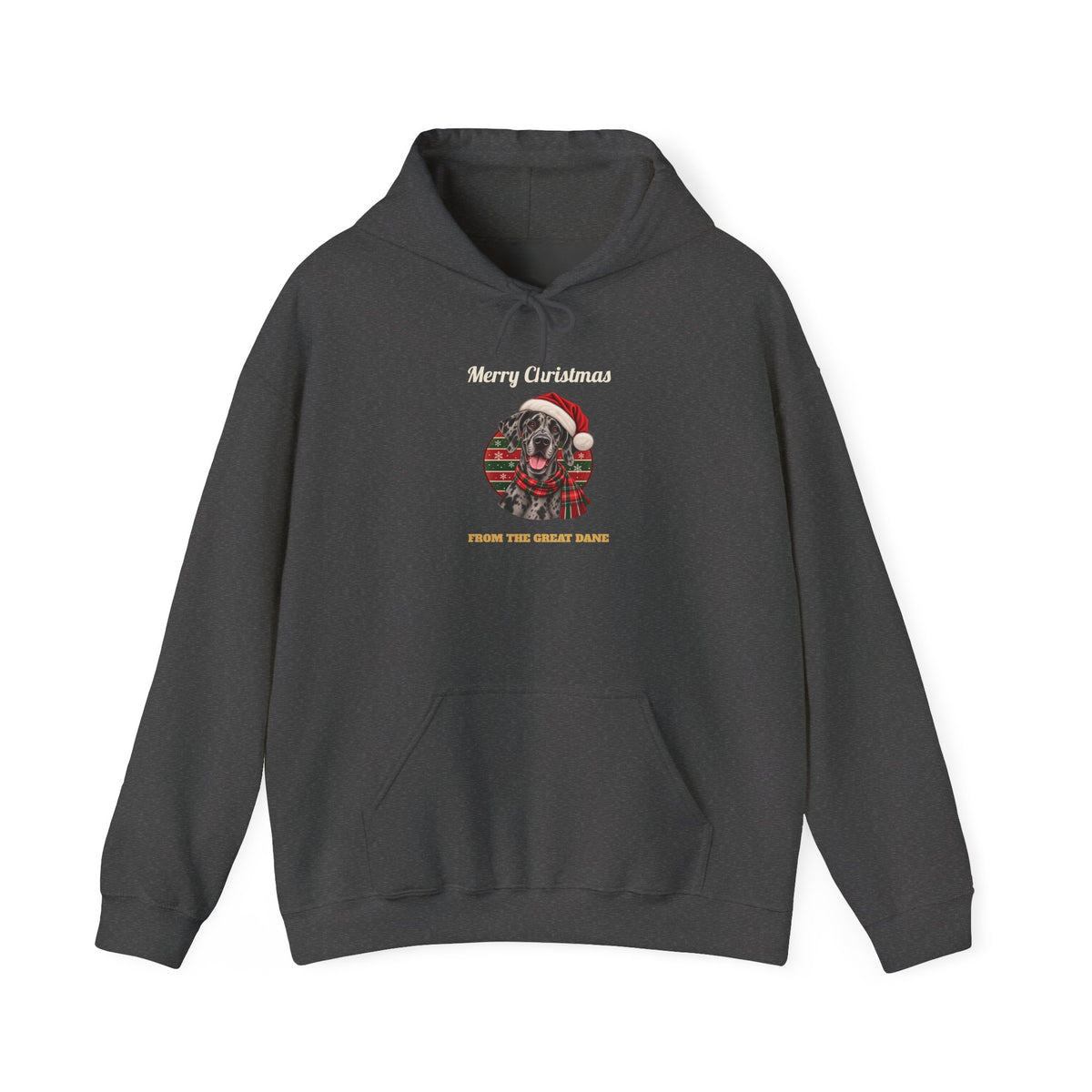 Dark Heather Merry Christmas From The Great Dane hoodie with a merle Great Dane in a Santa hat, front view