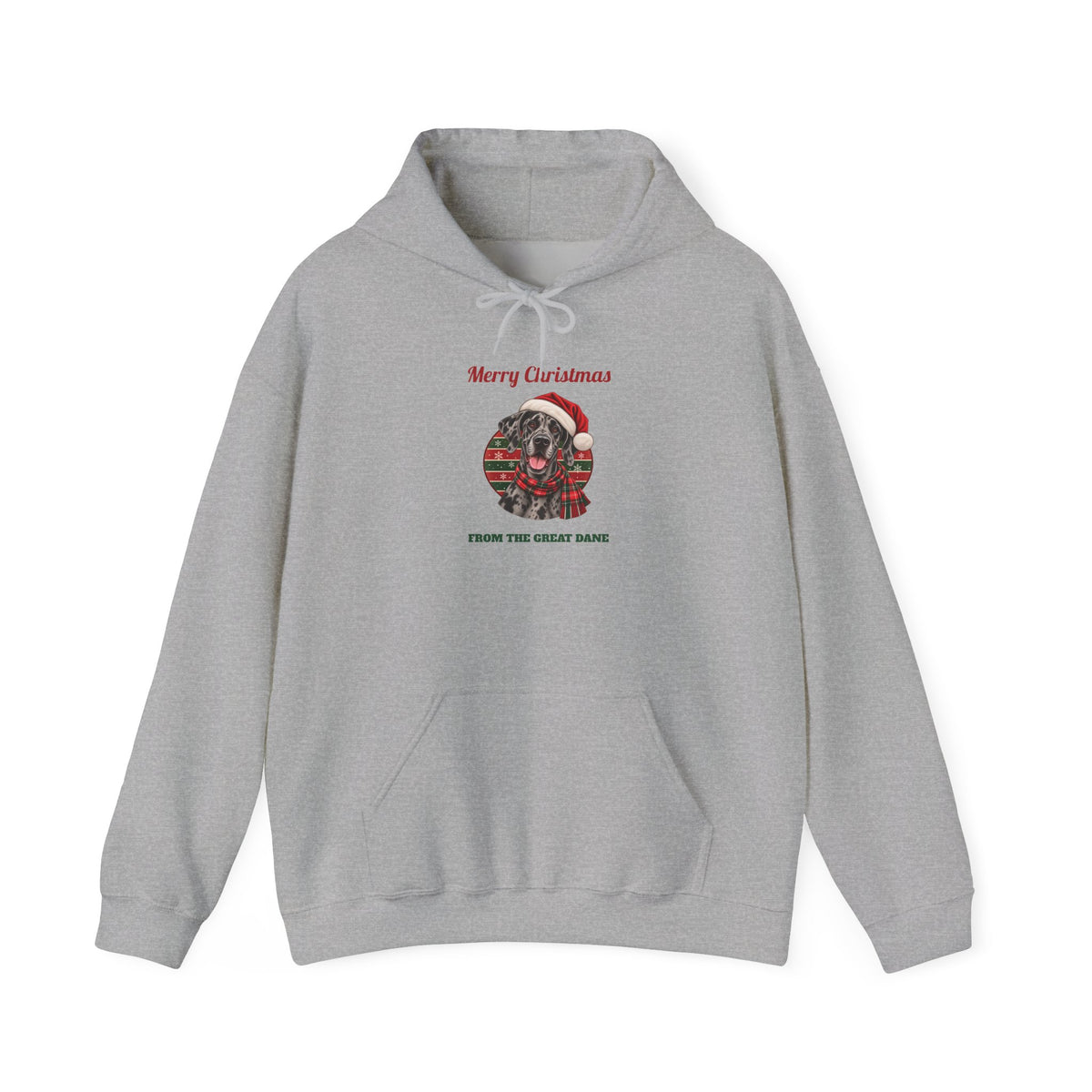 Sport Grey Merry Christmas From The Great Dane hoodie with a merle Great Dane in a Santa hat, front view