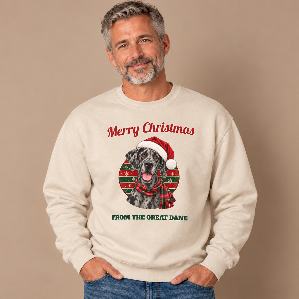 Man wearing the Sand Merry Christmas From The Great Dane Sweatshirt (merle Great Dane) with jeans