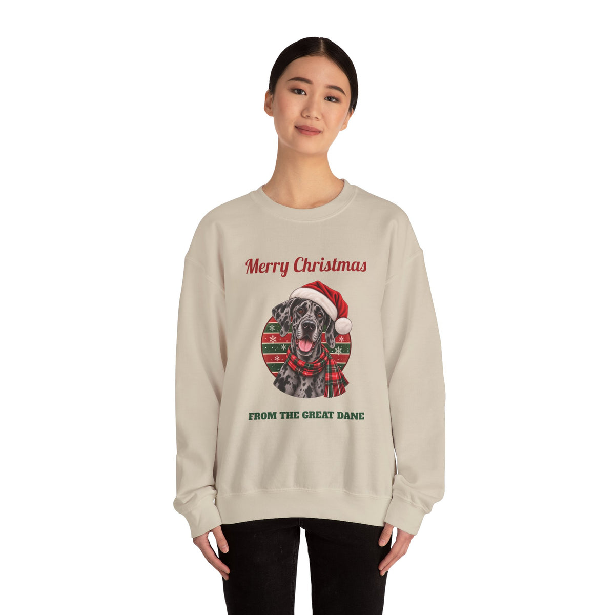 Model wearing the Sand Merle Great Dane Christmas Sweatshirt