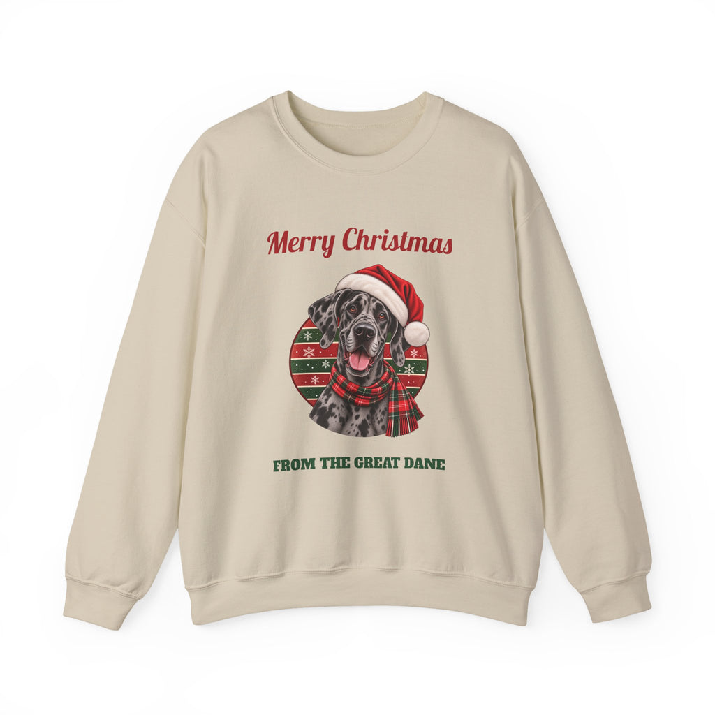 Sand Merry Christmas From The Great Dane sweatshirt with a merle Great Dane in a Santa hat, front view
