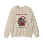 Sand Merry Christmas From The Great Dane sweatshirt with a merle Great Dane in a Santa hat, front view
