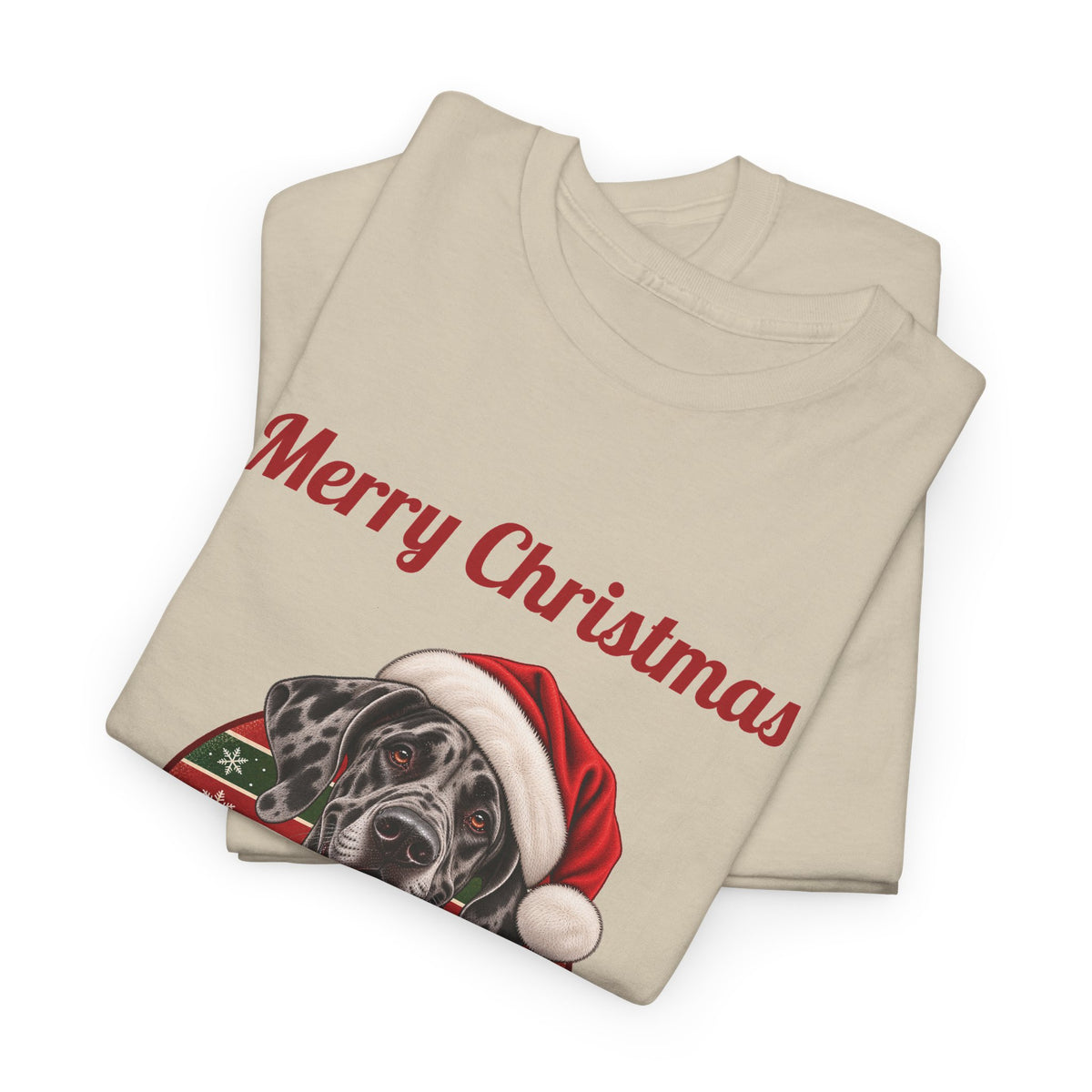 Merle Great Dane Christmas T-Shirt in Sand, folded