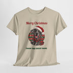 Merle Great Dane Christmas T-Shirt in Sand, flat lay
