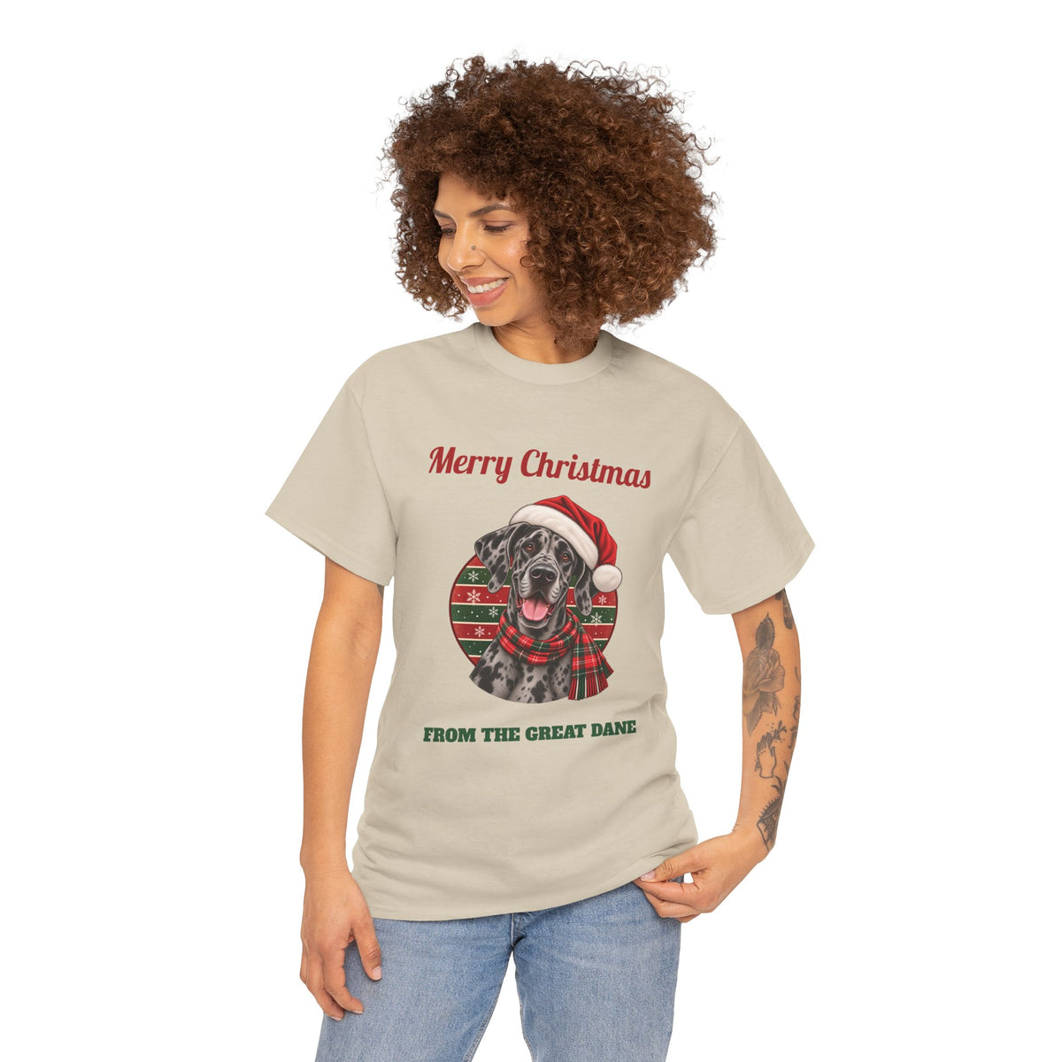 Model wearing the Sand Merle Great Dane Christmas T-Shirt