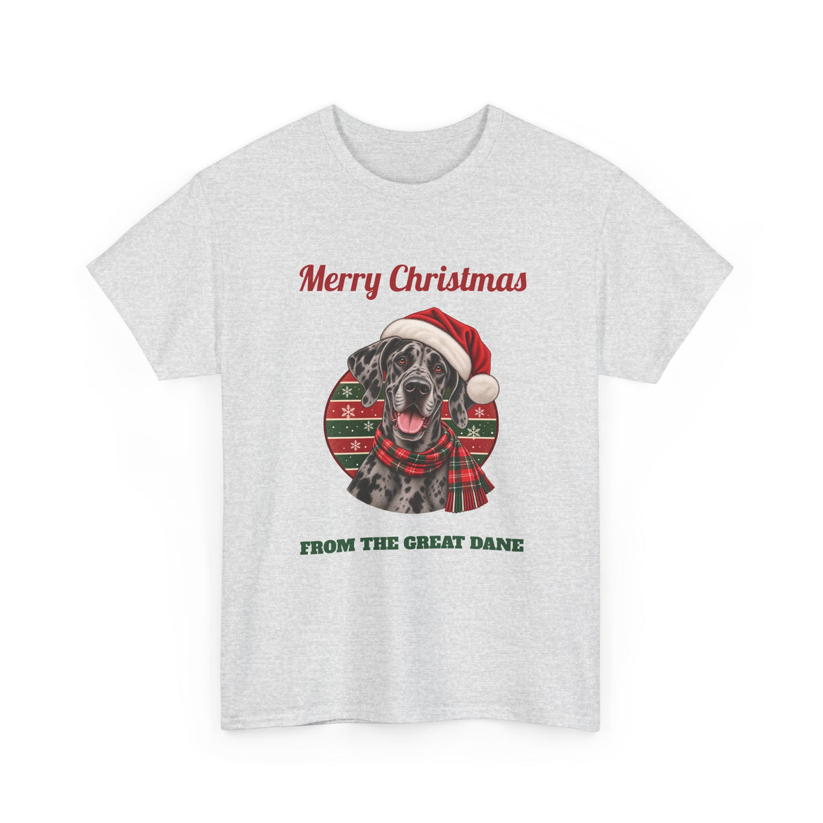 Ash Merry Christmas From The Great Dane t-shirt with a merle Great Dane in a Santa hat, front view