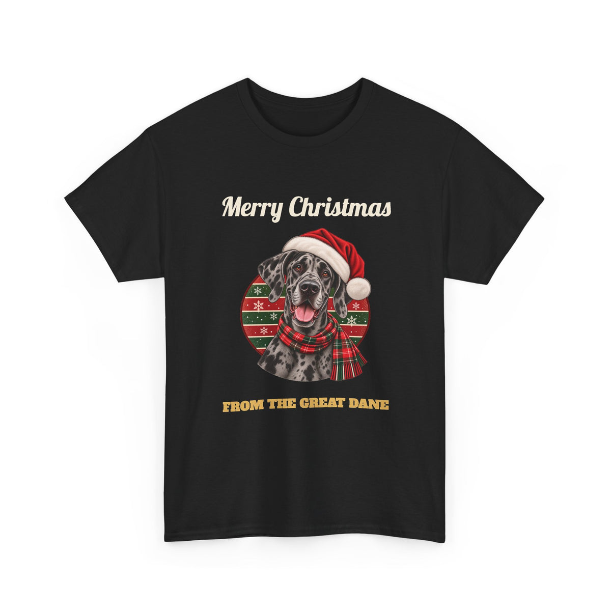 Black Merry Christmas From The Great Dane t-shirt with a merle Great Dane in a Santa hat, front view