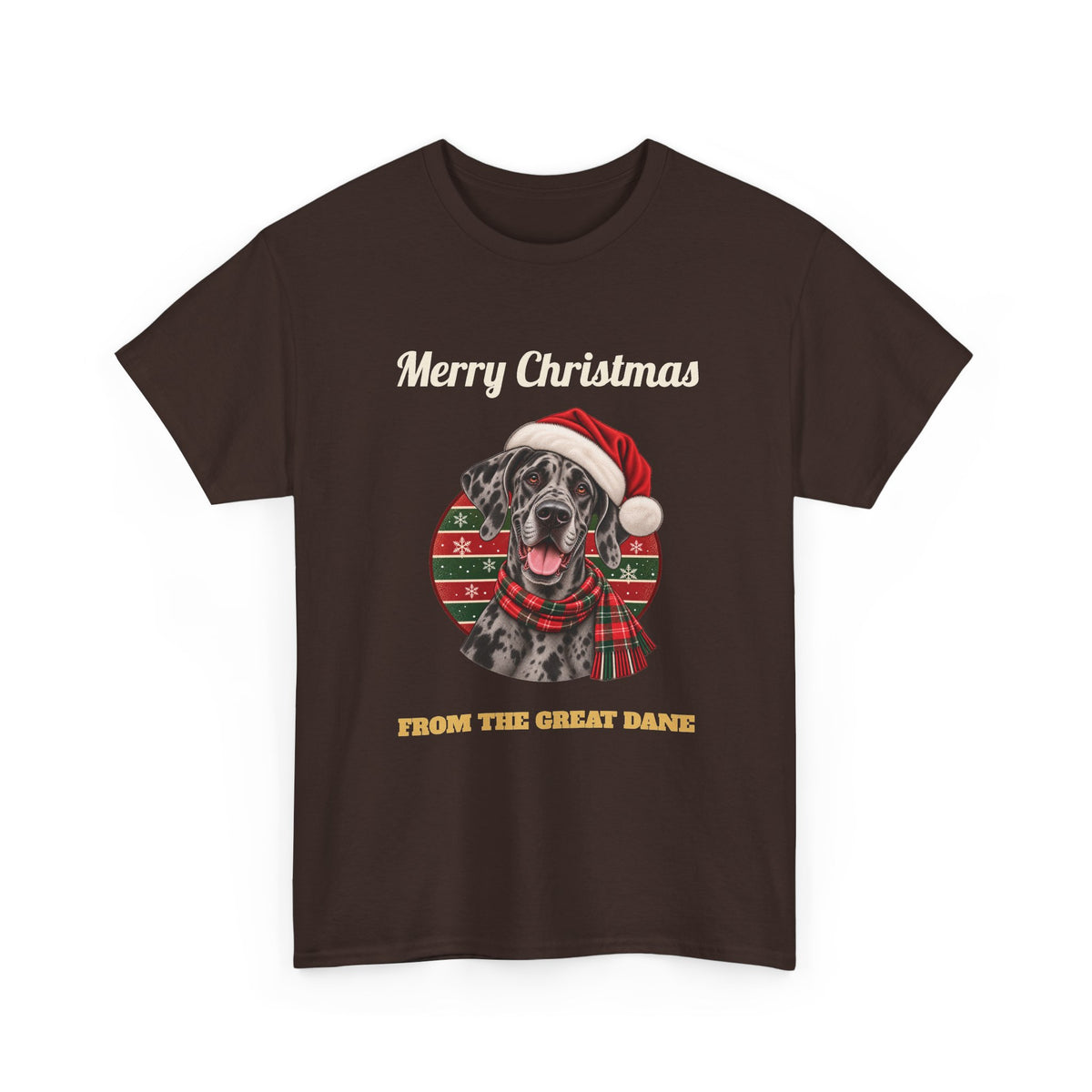 Dark Chocolate Merry Christmas From The Great Dane t-shirt with a merle Great Dane in a Santa hat, front view