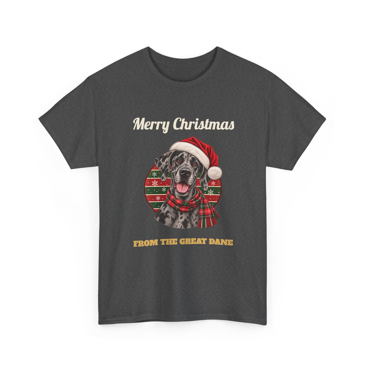 Dark Heather Merry Christmas From The Great Dane t-shirt with a merle Great Dane in a Santa hat, front view
